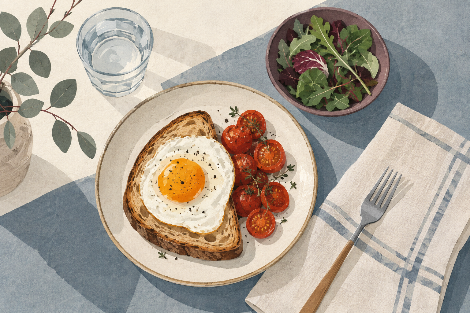 卵を添えたトーストと野菜を組み合わせた食卓のイラスト