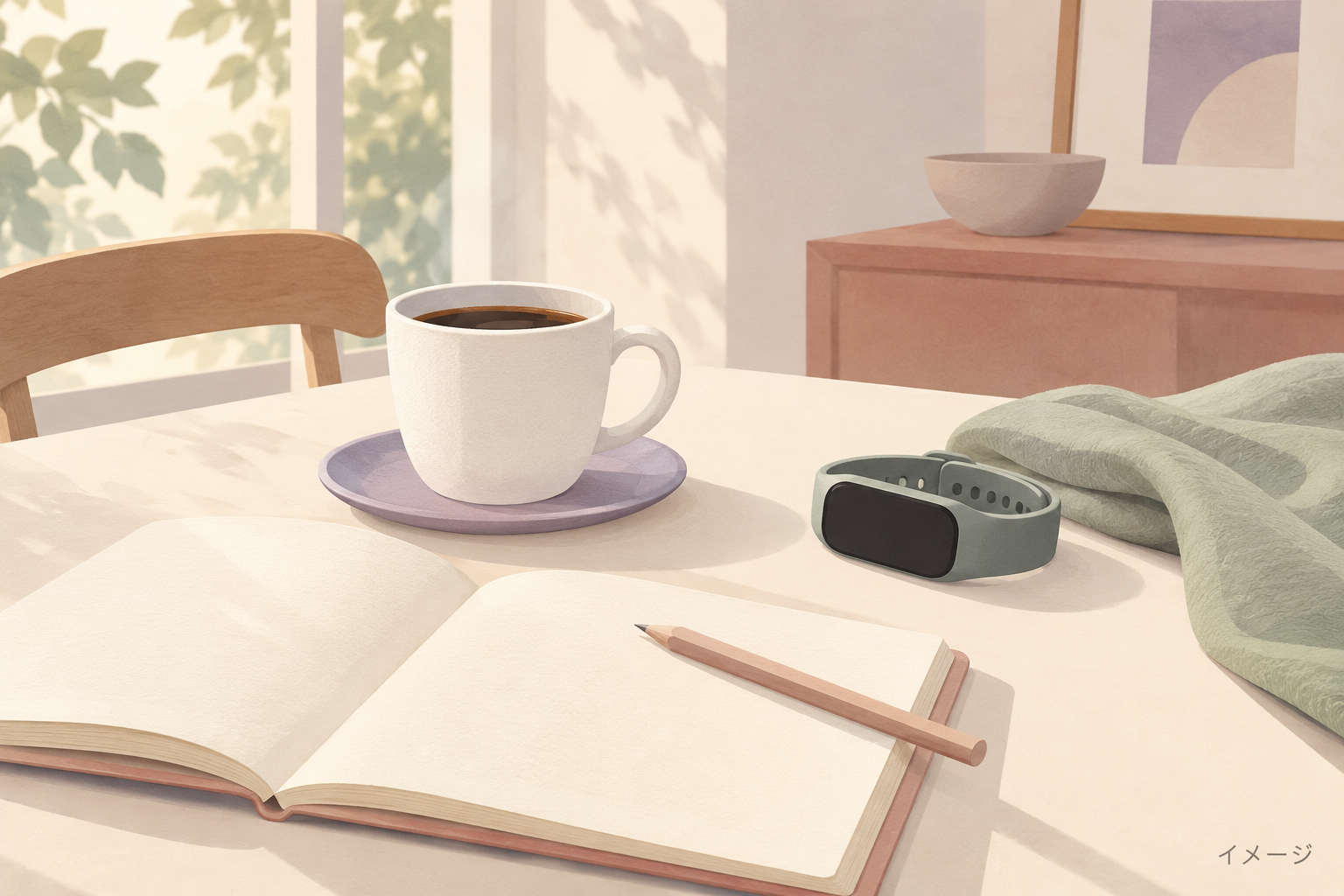 コーヒー、活動量計、開いたノートを並べた概念イラスト